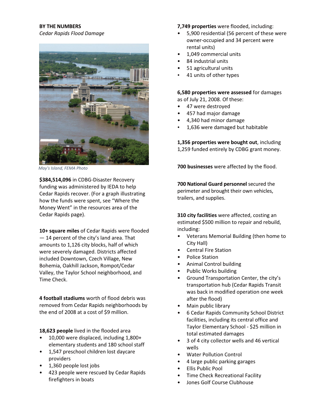 BY the NUMBERS Cedar Rapids Flood Damage $384,514,096 In