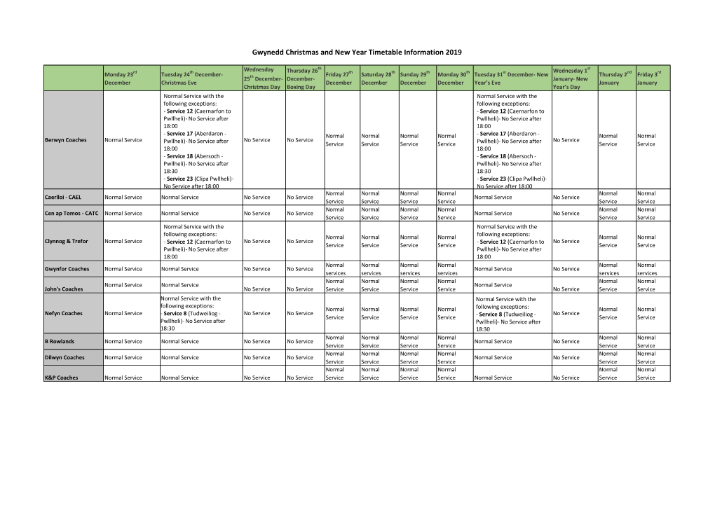 Gwynedd Christmas and New Year Timetable Information 2019