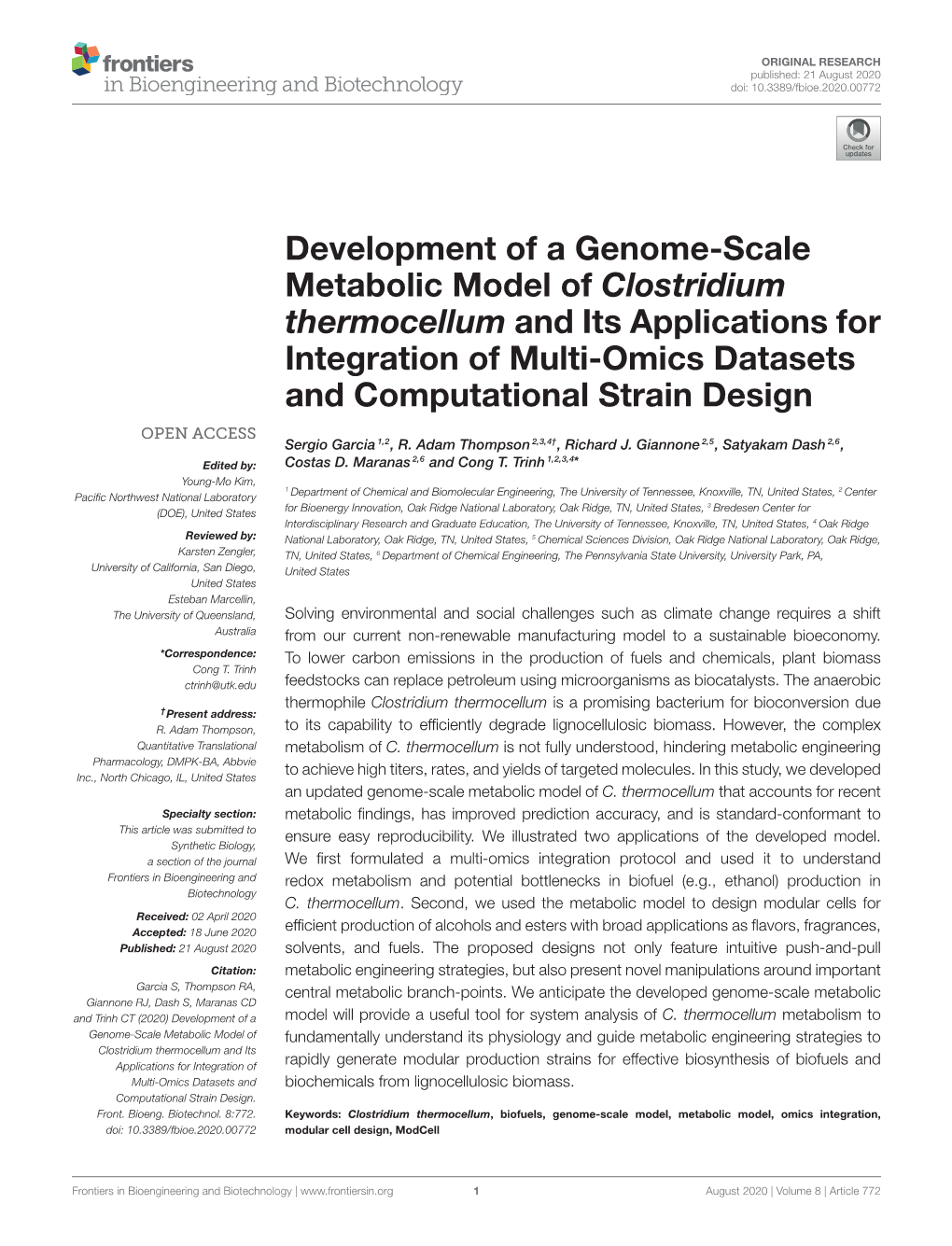 Development of a Genome-Scale Metabolic Model of Clostridium Thermocellum and Its Applications for Integration of Multi-Omics Datasets and Computational Strain Design