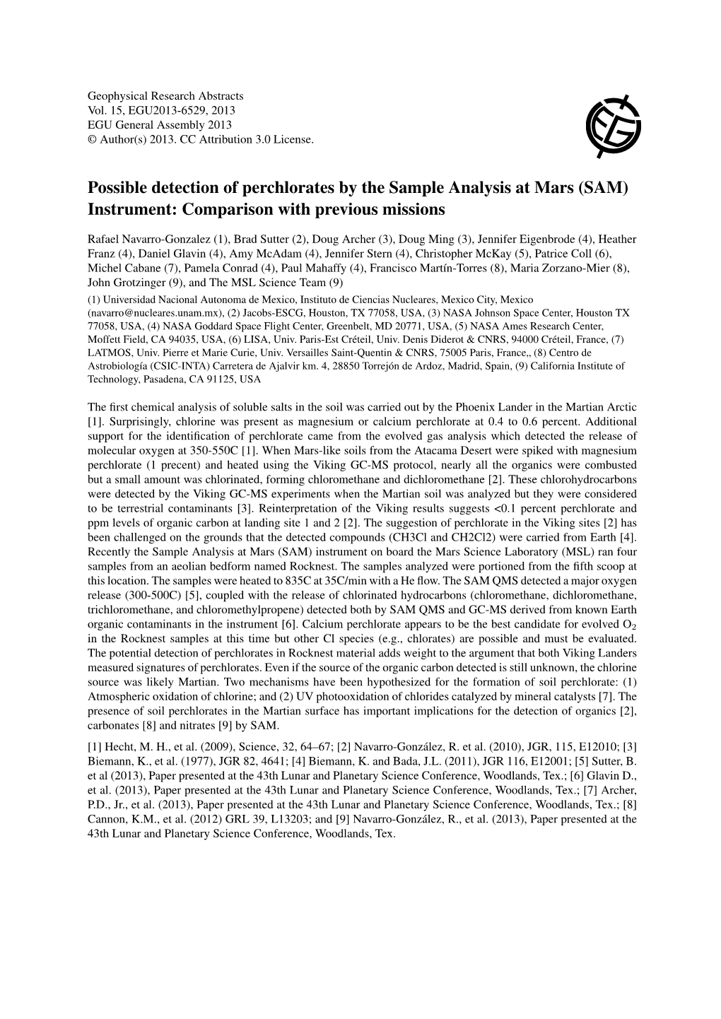 Possible Detection of Perchlorates by the Sample Analysis at Mars (SAM) Instrument: Comparison with Previous Missions