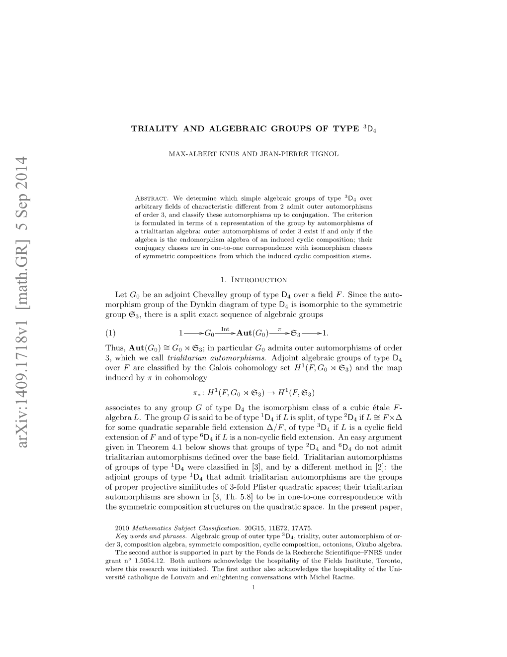 Triality and Algebraic Groups of Type $^ 3D 4$