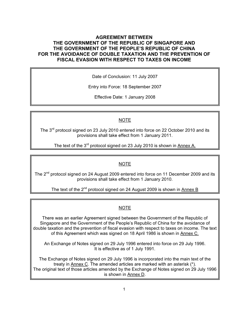 Agreement Between the Government of the Republic of Singapore and the Government of the People's Republic of China for The