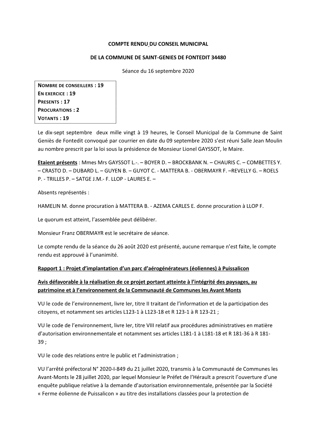 Compte Rendu Du Conseil Municipal De La Commune De