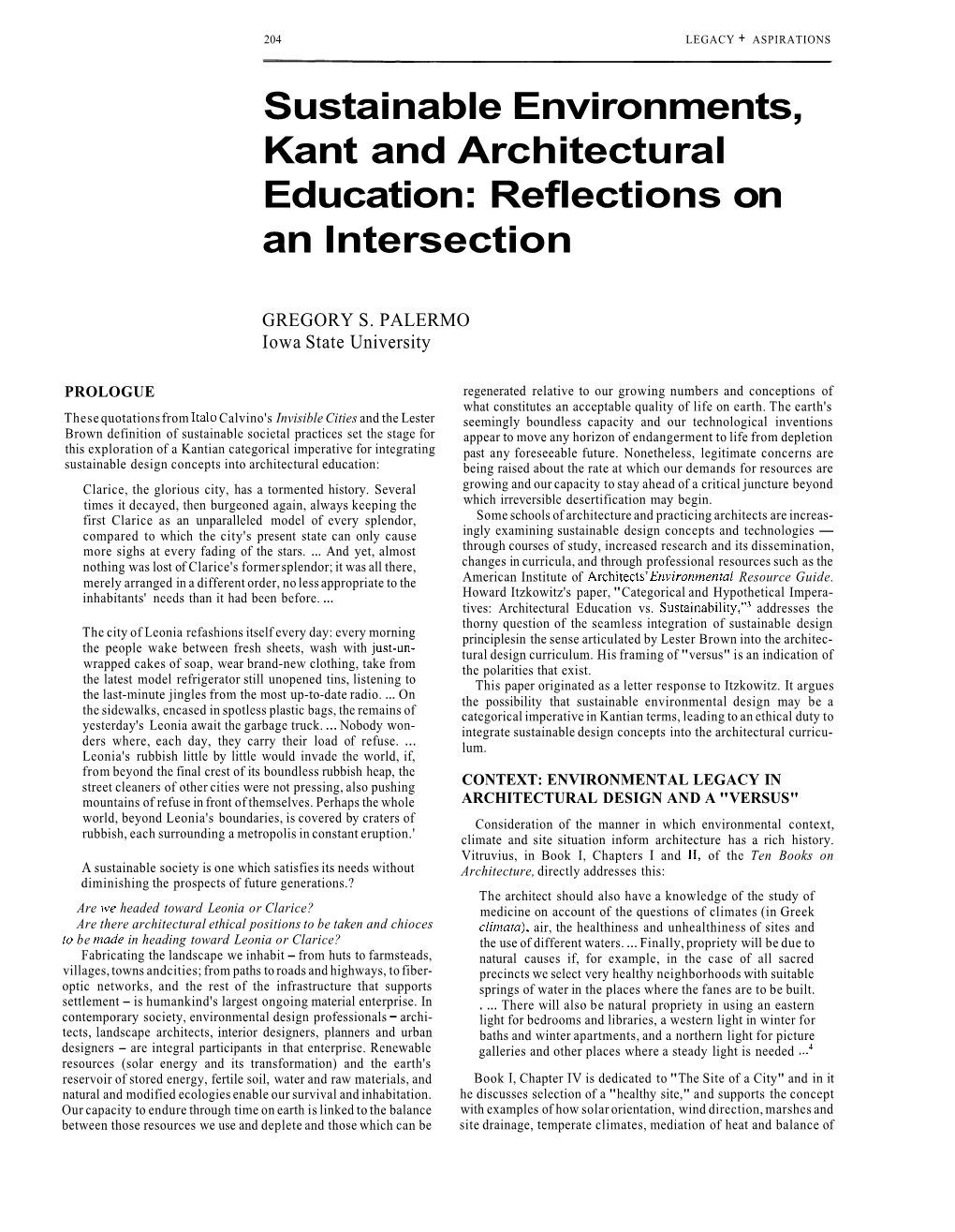 Sustainable Environments, Kant and Architectural Education: Reflections on an Intersection