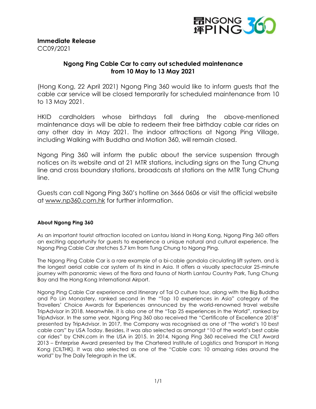Immediate Release CC09/2021 Ngong Ping Cable Car to Carry Out