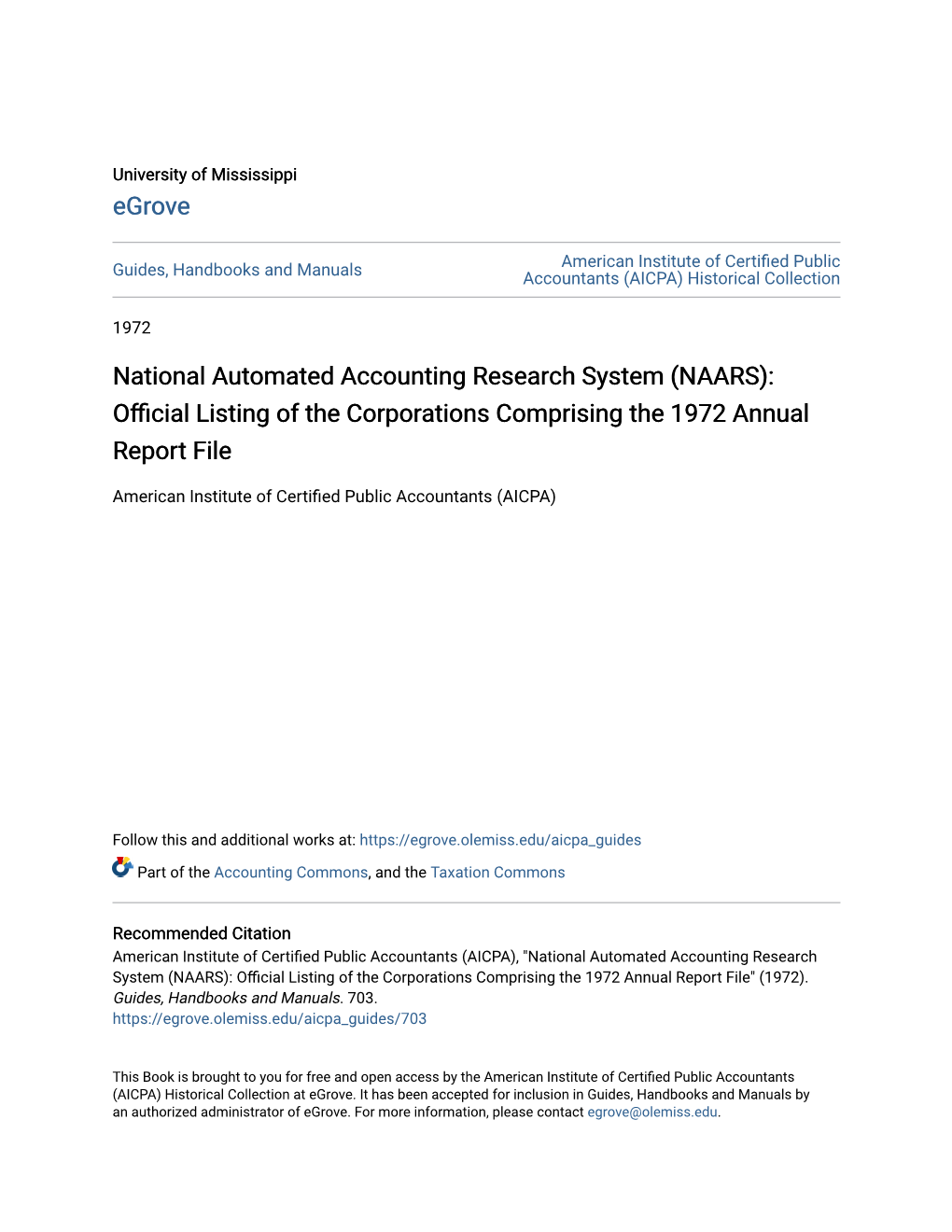 (NAARS): Official Listing of the Corporations Comprising the 1972 Annual Report File