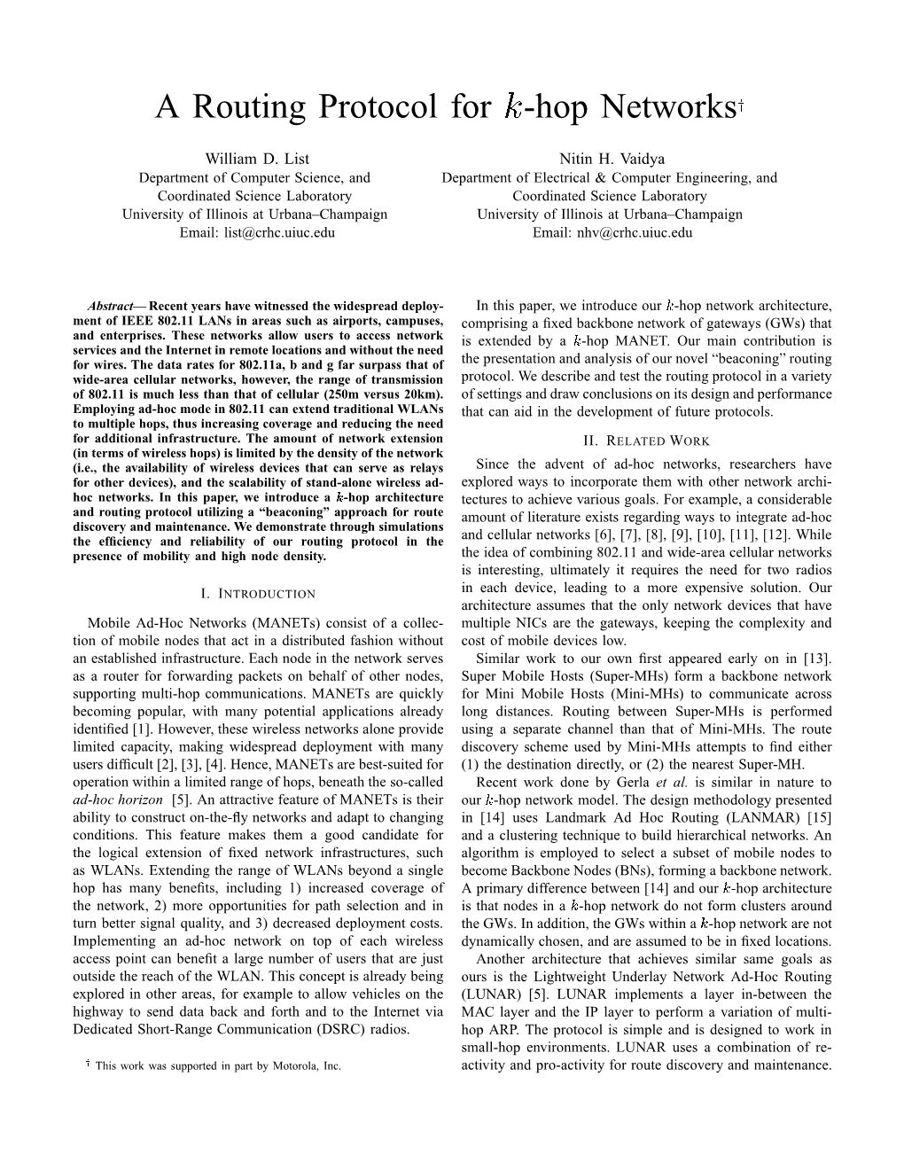 A Routing Protocol for -Hop Networks¡