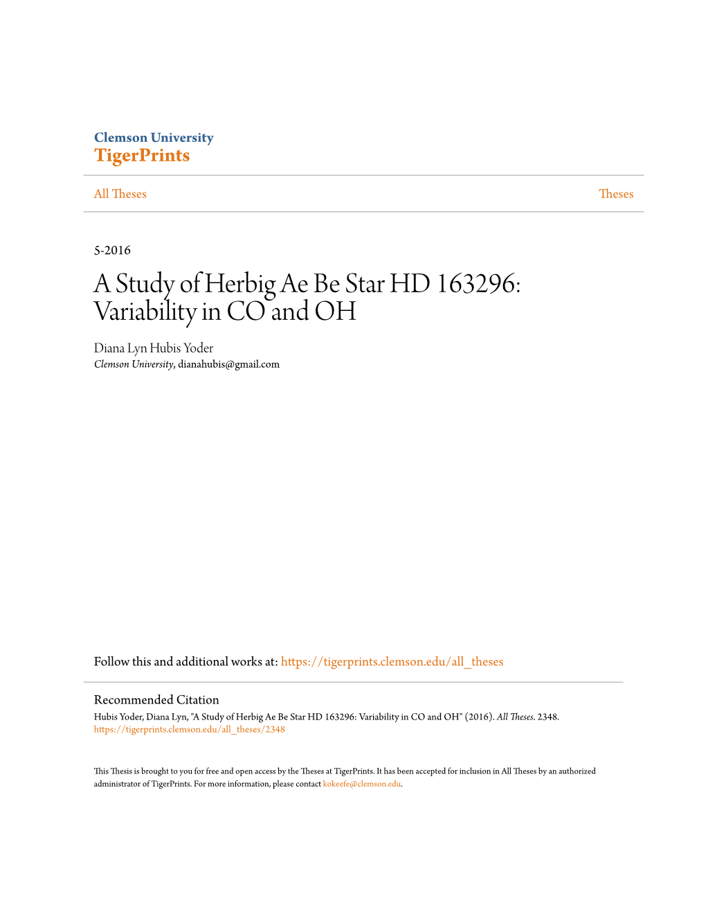 A Study of Herbig Ae Be Star HD 163296: Variability in CO and OH Diana Lyn Hubis Yoder Clemson University, Dianahubis@Gmail.Com