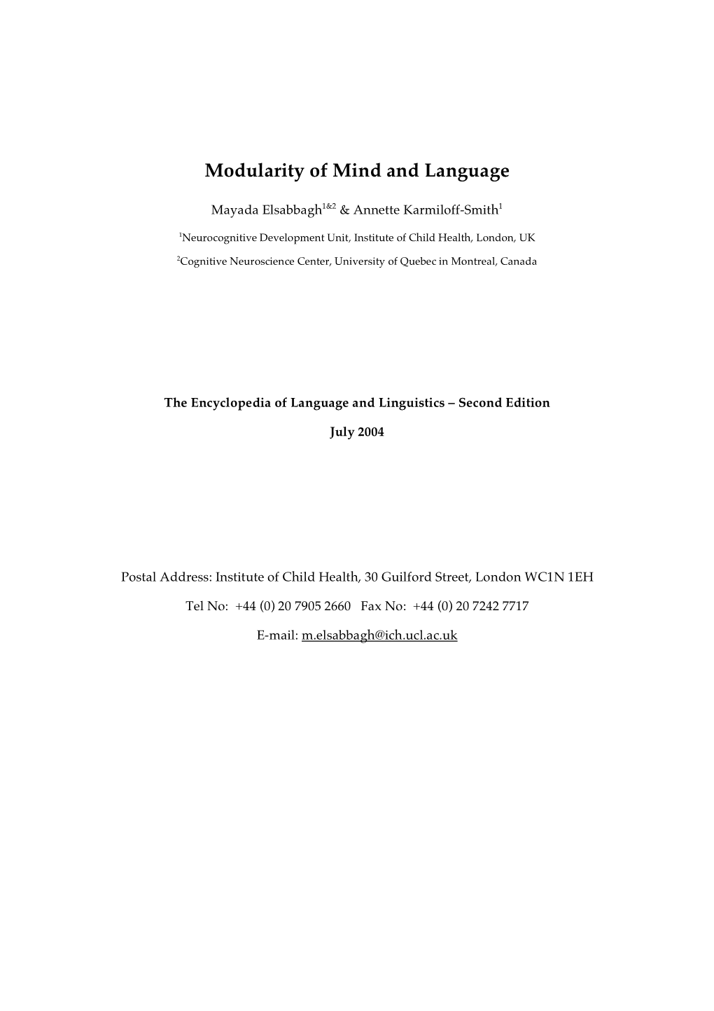 Modularity of Mind and Language