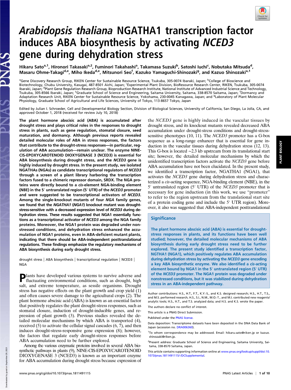 Arabidopsis Thaliana NGATHA1 Transcription Factor Induces ABA Biosynthesis by Activating NCED3 Gene During Dehydration Stress