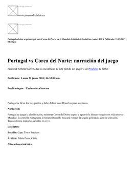 Portugal Vs Corea Del Norte: Narración Del Juego