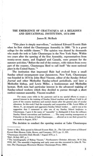 THE EMERGENCE of CHAUTAUQUA AS a RELIGIOUS and EDUCAT10NAL INSTITUTION., 187'4-1900 Es M James H