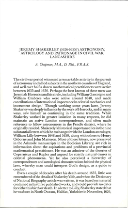 Jeremy Shakerley (1626-1655?) Astronomy, Astrology and Patronage in Civil War Lancashire