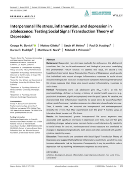 Interpersonal Life Stress, Inflammation, and Depression in Adolescence: Testing Social Signal Transduction Theory of Depression