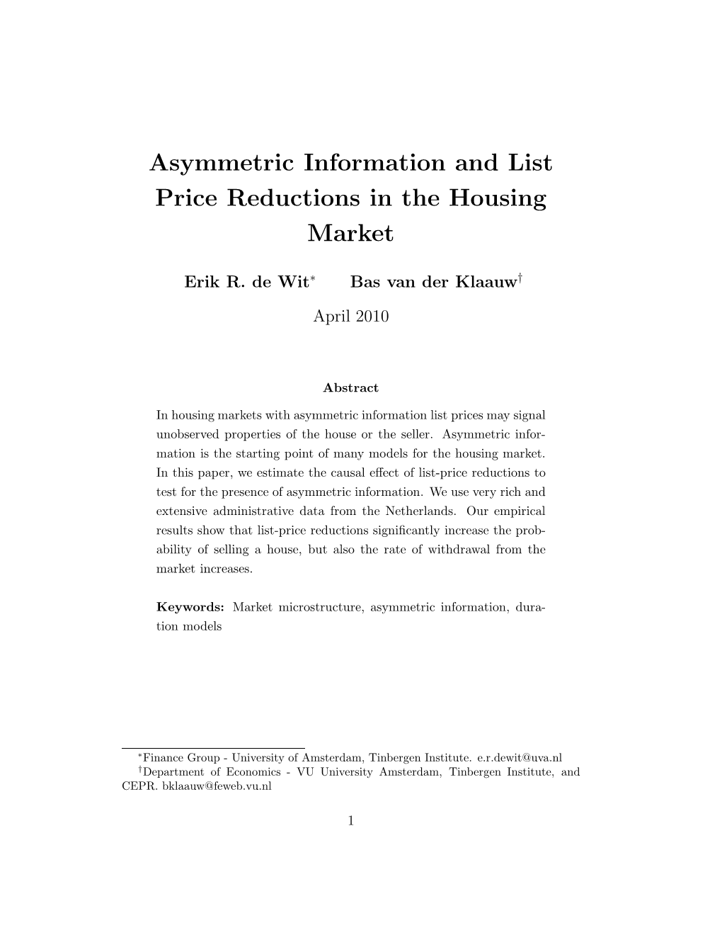 Asymmetric Information and List Price Reductions in the Housing Market