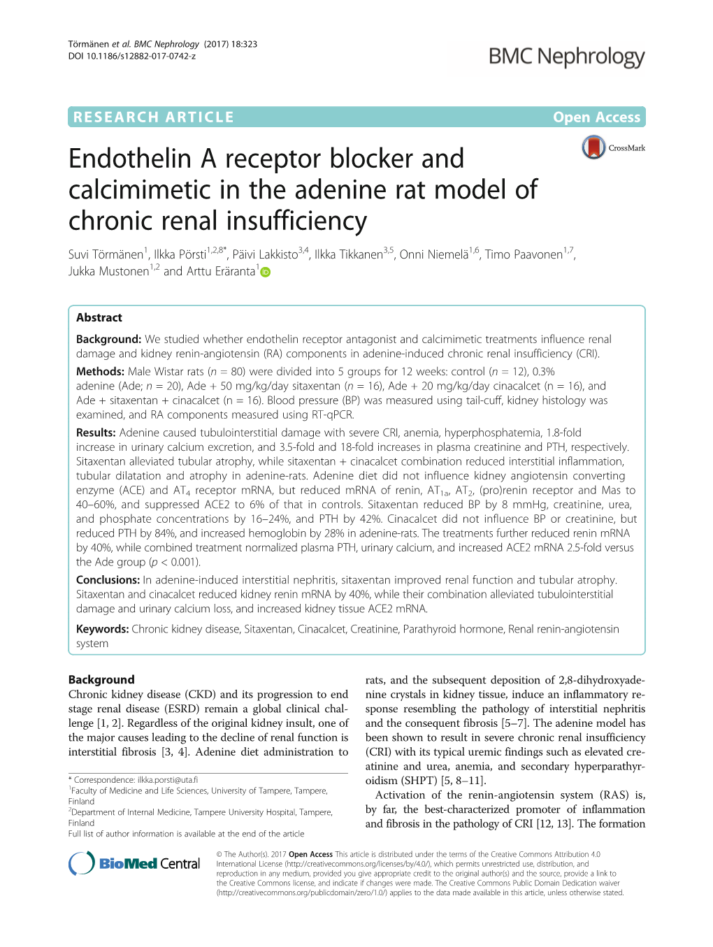 Endothelin a Receptor Blocker and Calcimimetic in the Adenine Rat