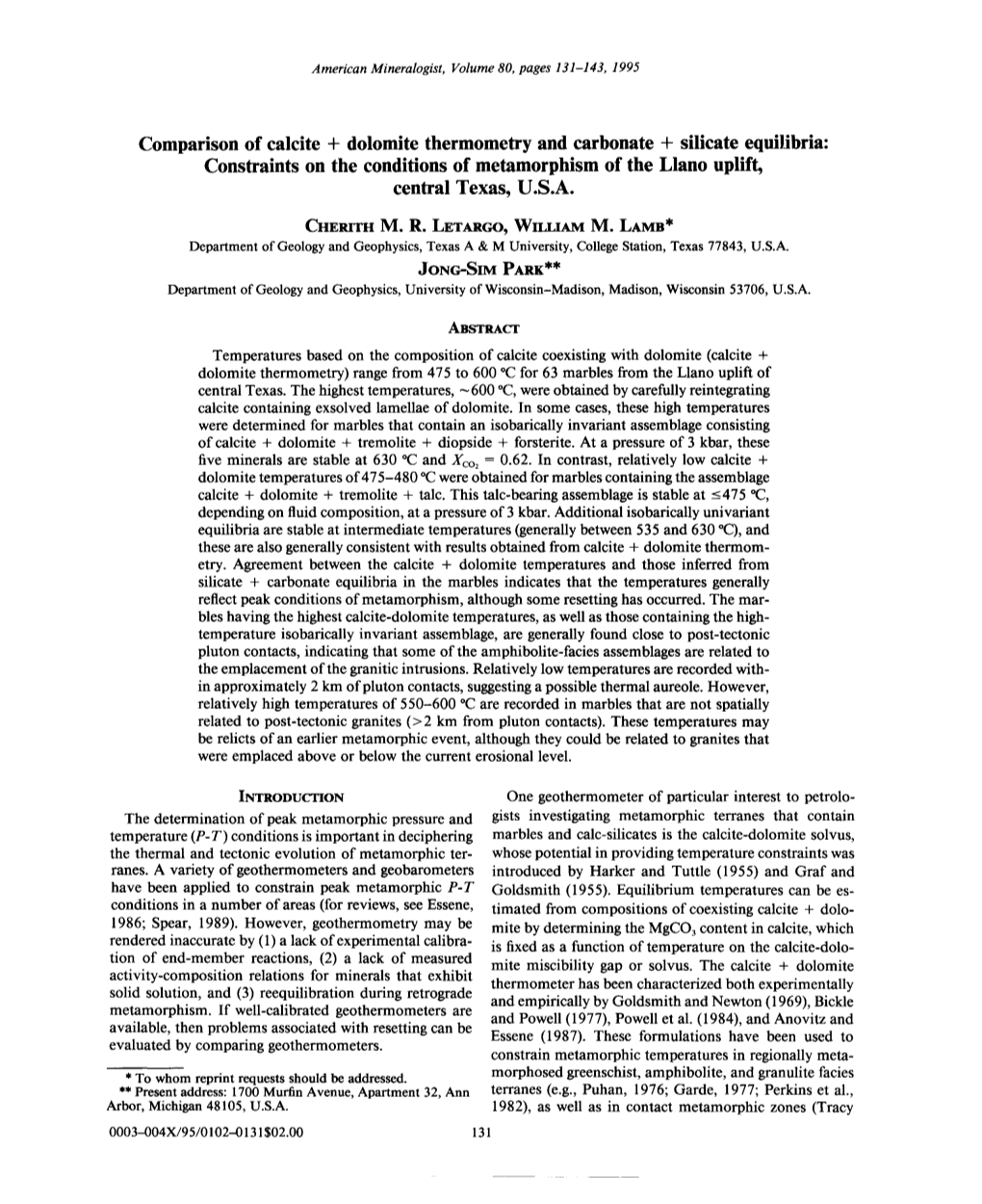 Comparison of Calcite + Dolomite Thermometry and Carbonate +