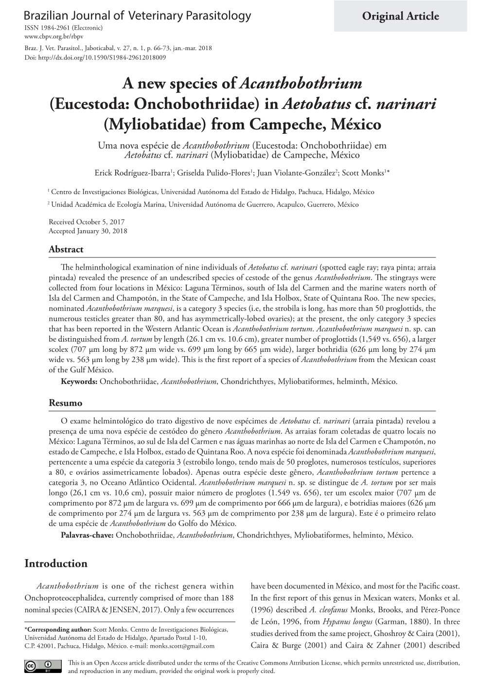 A New Species of Acanthobothrium (Eucestoda: Onchobothriidae) in Aetobatus Cf