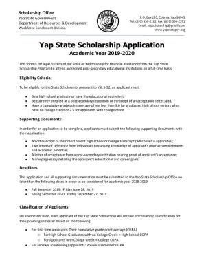 Yap State Scholarship Application Academic Year 2019-2020