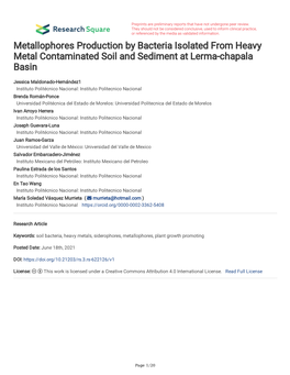 Metallophores Production by Bacteria Isolated from Heavy Metal Contaminated Soil and Sediment at Lerma-Chapala Basin