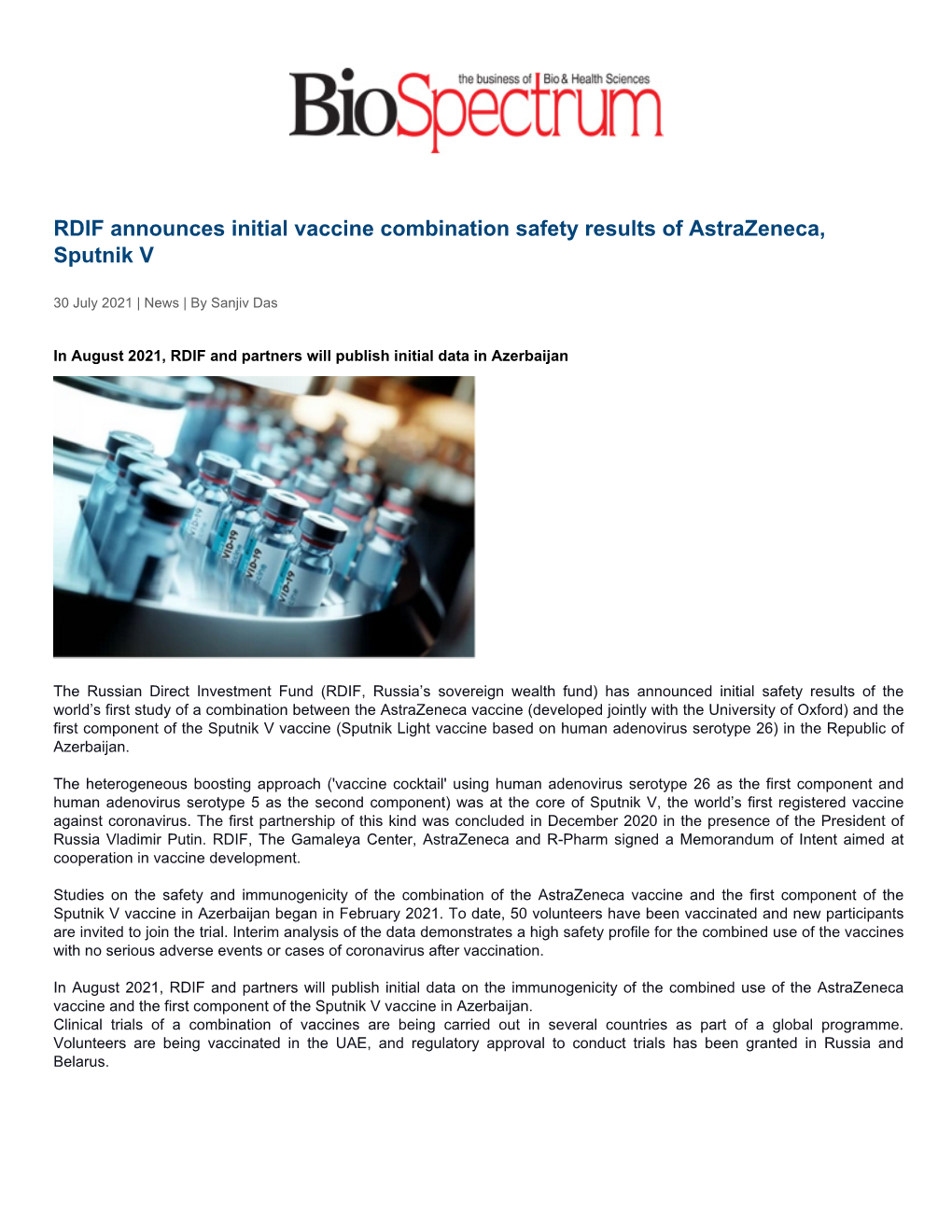 RDIF Announces Initial Vaccine Combination Safety Results of Astrazeneca, Sputnik V
