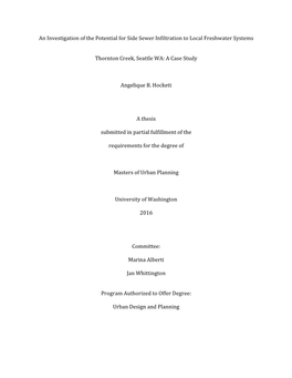 An Investigation of the Potential for Side Sewer Infiltration to Local Freshwater Systems