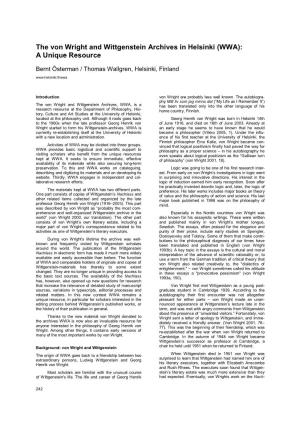 The Von Wright and Wittgenstein Archives in Helsinki (WWA): a Unique Resource