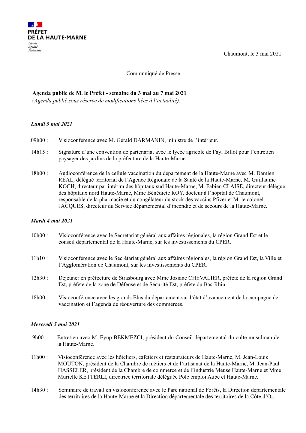 Agenda De M. Le Préfet- Semaine 18