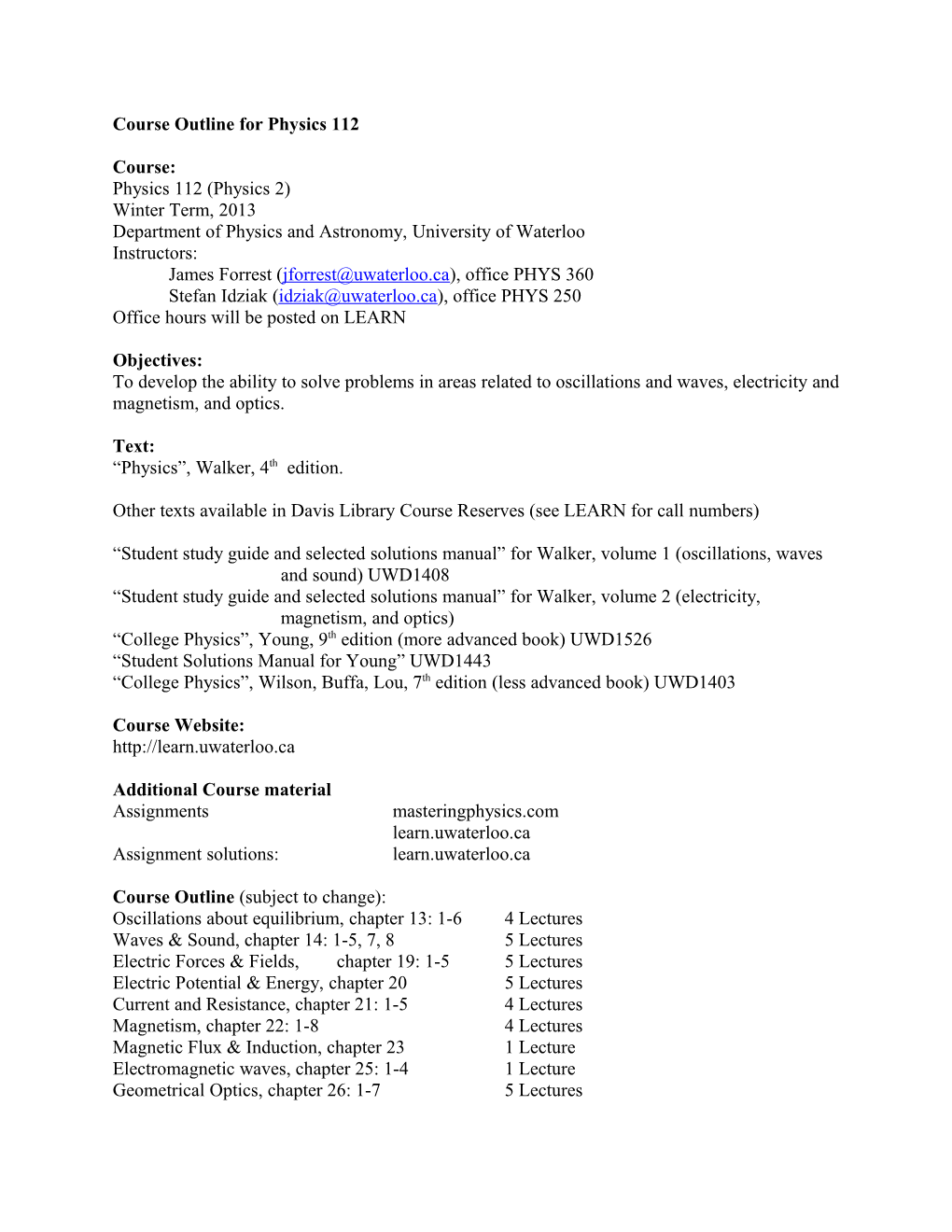 Course Outline for Physics 112