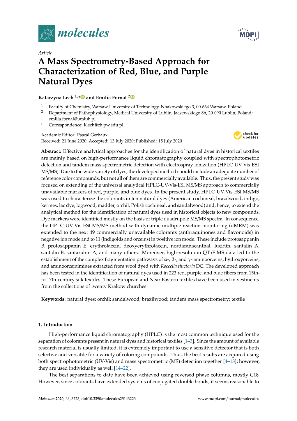 A Mass Spectrometry-Based Approach for Characterization of Red, Blue, and Purple Natural Dyes