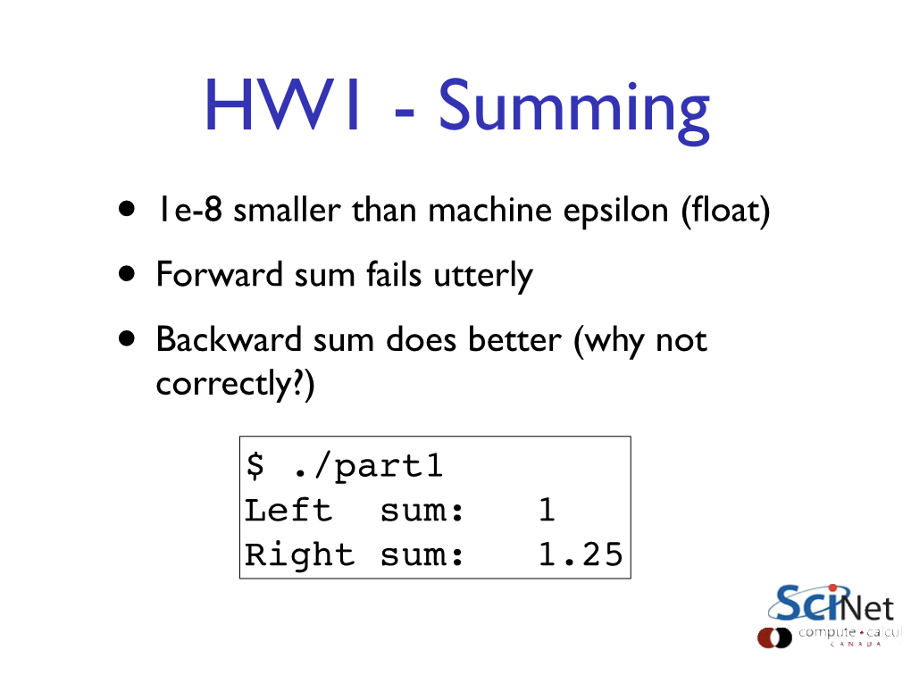 • 1E-8 Smaller Than Machine Epsilon (Float) • Forward Sum Fails Utterly