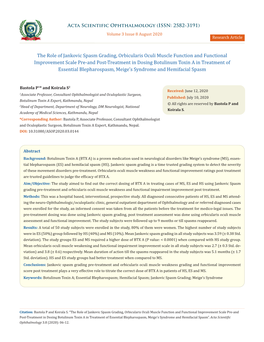 The Role of Jankovic Spasm Grading, Orbicularis Oculi Muscle Function