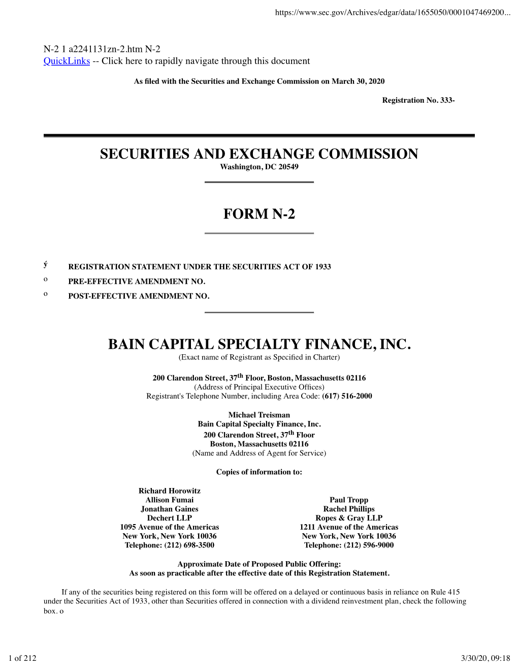 Securities and Exchange Commission Form N-2 Bain Capital Specialty Finance, Inc