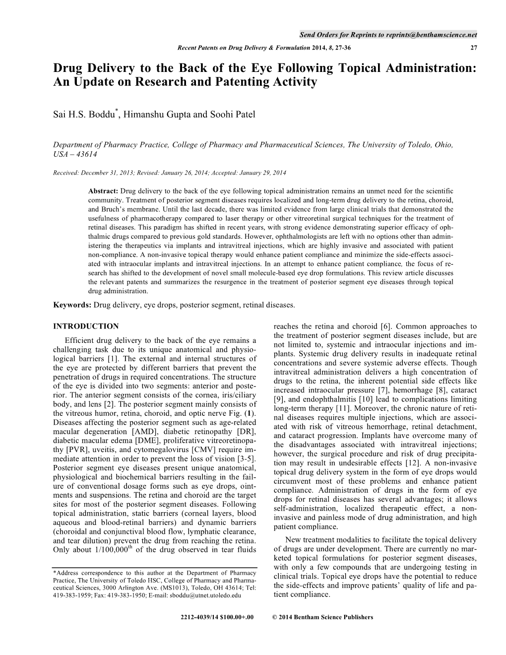 Drug Delivery to the Back of the Eye Following Topical Administration: an Update on Research and Patenting Activity