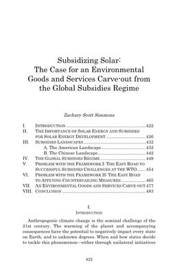 Subsidizing Solar: the Case for an Environmental Goods and Services Carve-Out from the Global Subsidies Regime