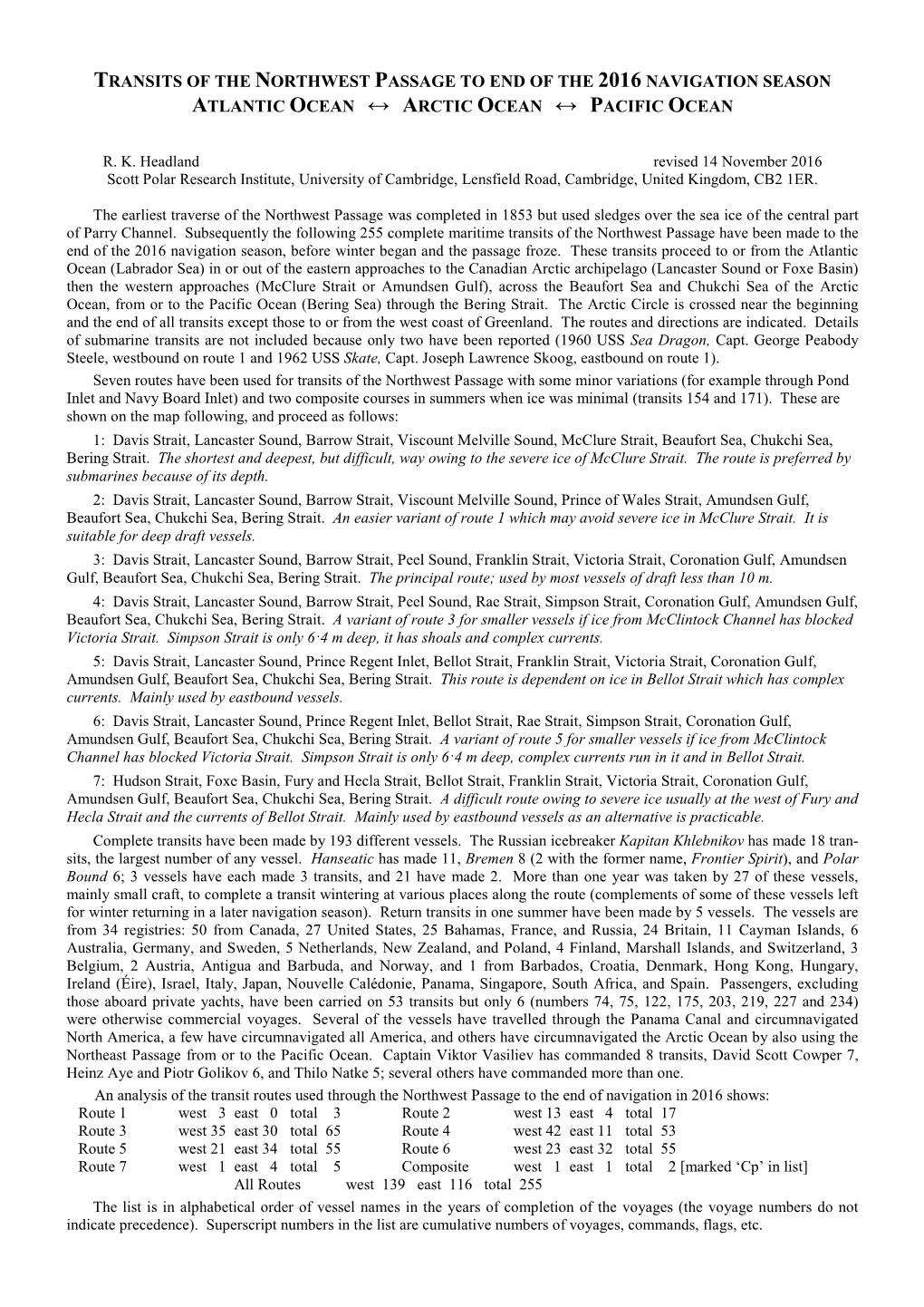 Transits of the Northwest Passage to End of the 2016 Navigation Season Atlantic Ocean ↔ Arctic Ocean ↔ Pacific Ocean