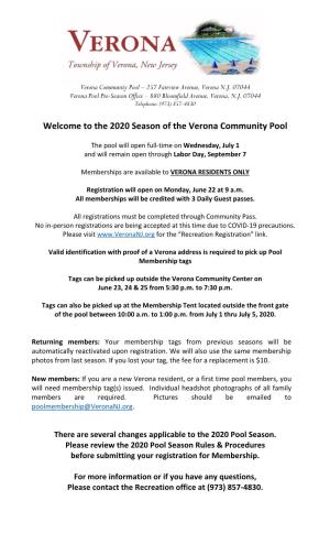 Welcome to the 2020 Season of the Verona Community Pool