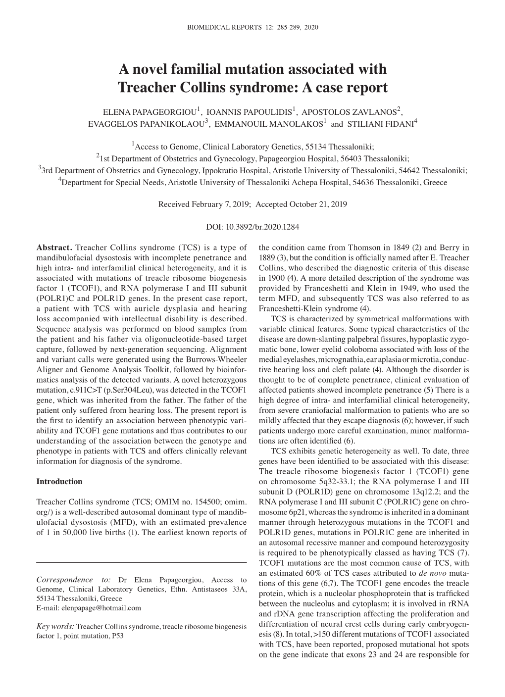 A Novel Familial Mutation Associated with Treacher Collins Syndrome: a Case Report