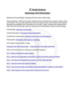 6 Grade Science Hydrology Unit Information