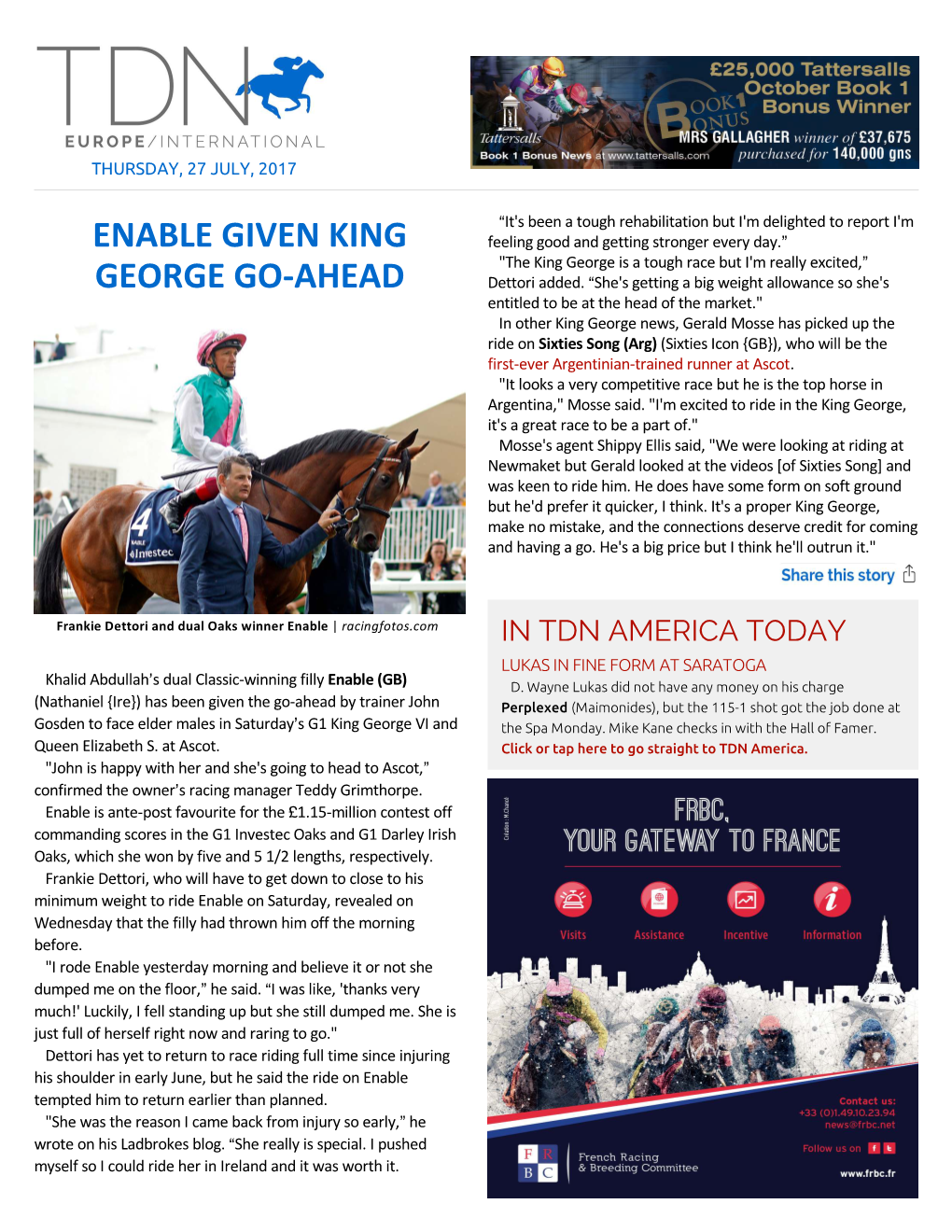 Enable Given King George Go-Ahead