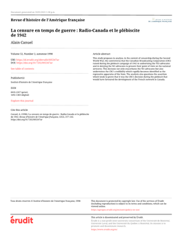 La Censure En Temps De Guerre : Radio-Canada Et Le Plébiscite De 1942 Alain Canuel