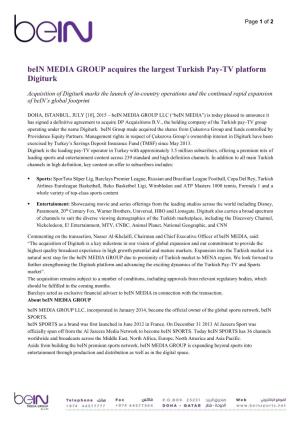 Bein MEDIA GROUP Acquires the Largest Turkish Pay-TV Platform Digiturk