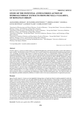 Study of the Potential Antiulcerous Action of Hydroalcoholic Extracts from Prunella Vulgaris L. of Romanian Origin