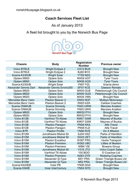 Coach Services Fleet List As of January 2013 a Fleet List Brought to You by the Norwich Bus Page
