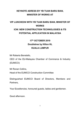 Keynote Adress by Yb Tuan Baru Bian, Minister of Works At