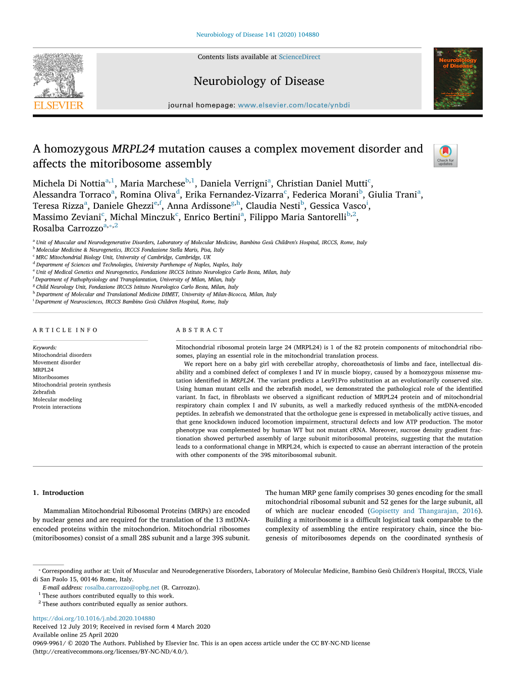 A Homozygous MRPL24 Mutation Causes a Complex Movement Disorder and Aﬀects the Mitoribosome Assembly T