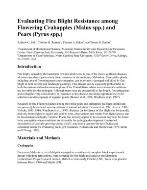 Evaluating Fire Blight Resistance Among Flowering Crabapples (Malus Spp.) and Pears (Pyrus Spp.)