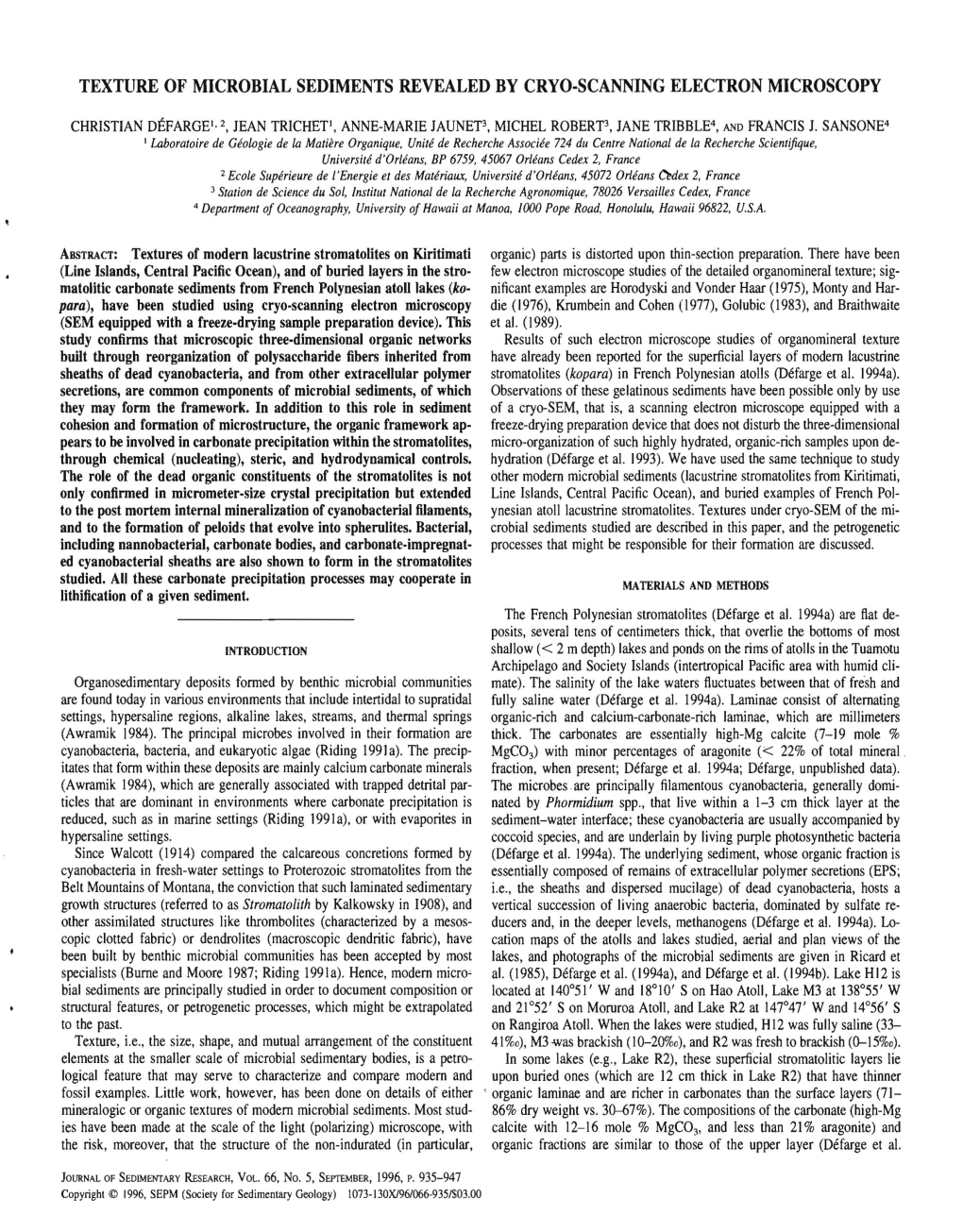 Texture of Microbial Sediments Revealed by Cryo-Scanning Electron Microscopy