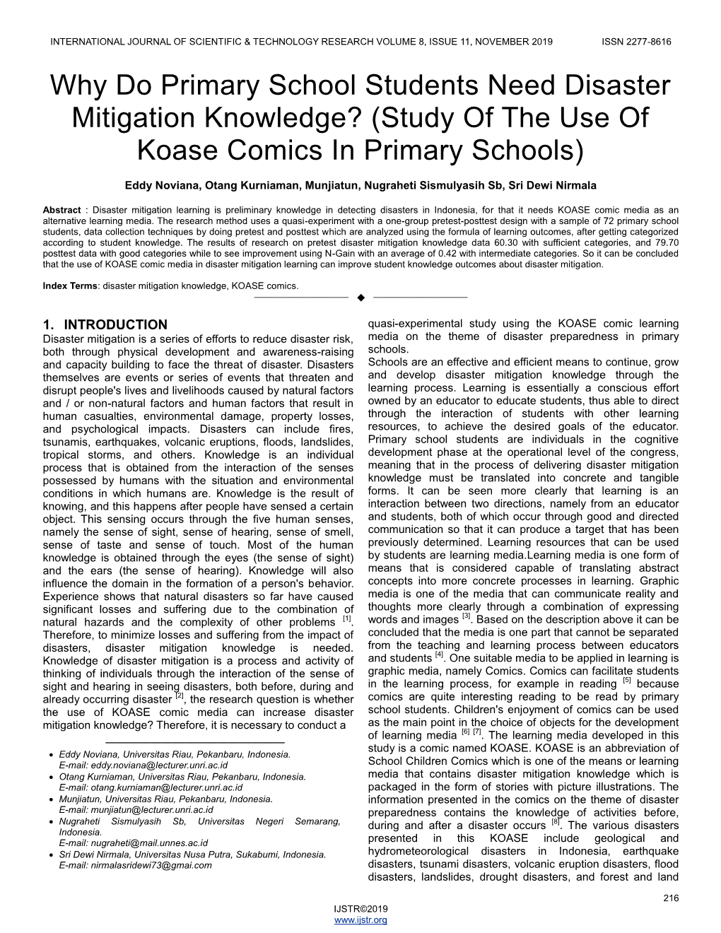 Why Do Primary School Students Need Disaster Mitigation Knowledge? (Study of the Use of Koase Comics in Primary Schools)