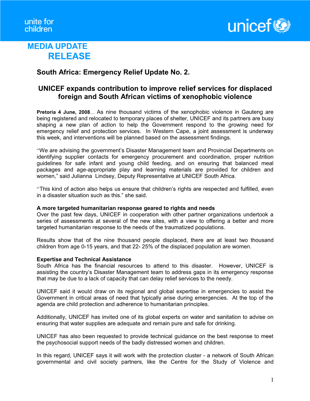 South Africa: Emergency Relief Update No. 2